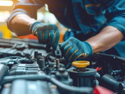 Close-up of a mechanic's hands repairing a car engine, depicting expertise in vehicle maintenance